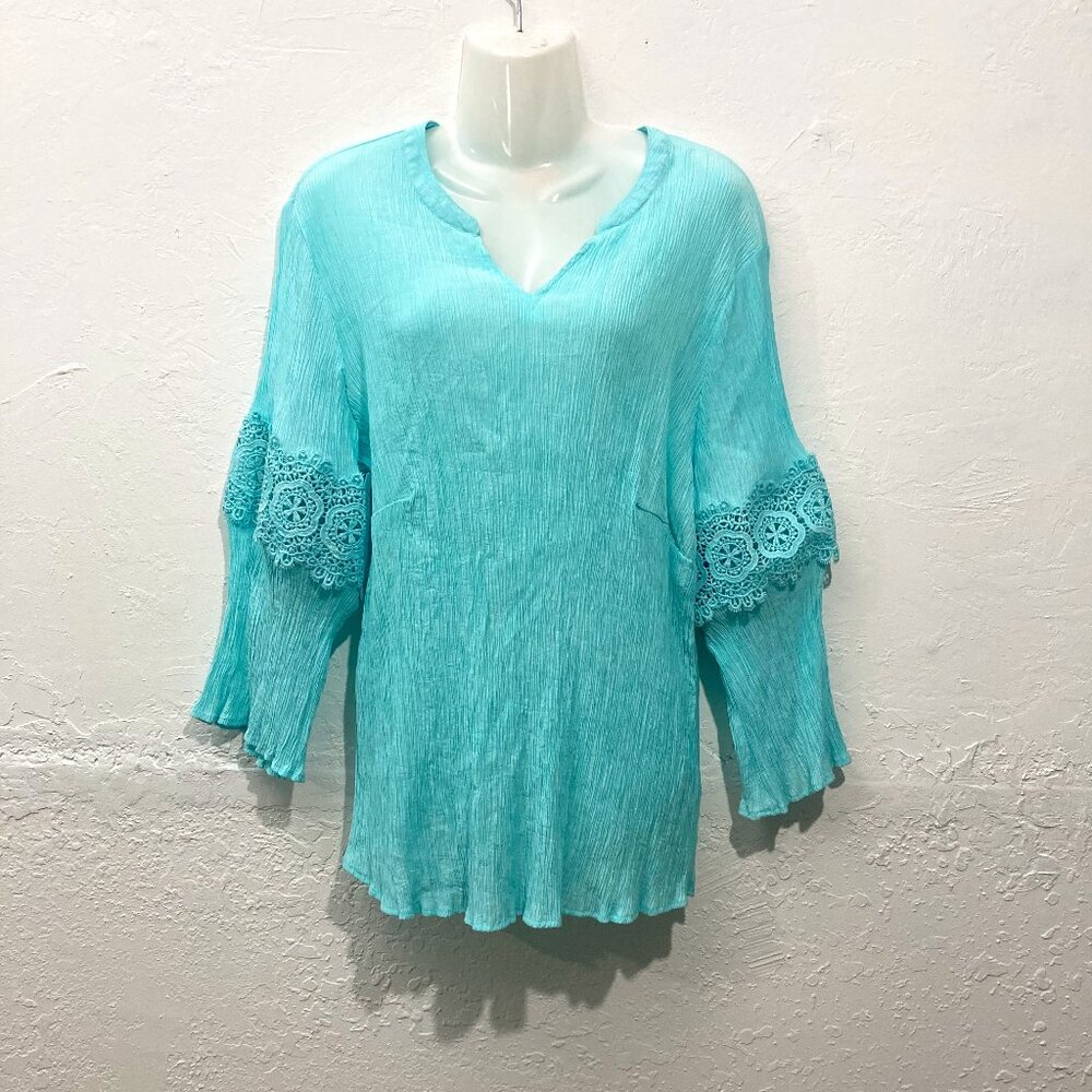 Ruby Rd Aqua Blue Crinkle Pleated Accordion 3/4 Sleeves Crochet Rayon Size 1X